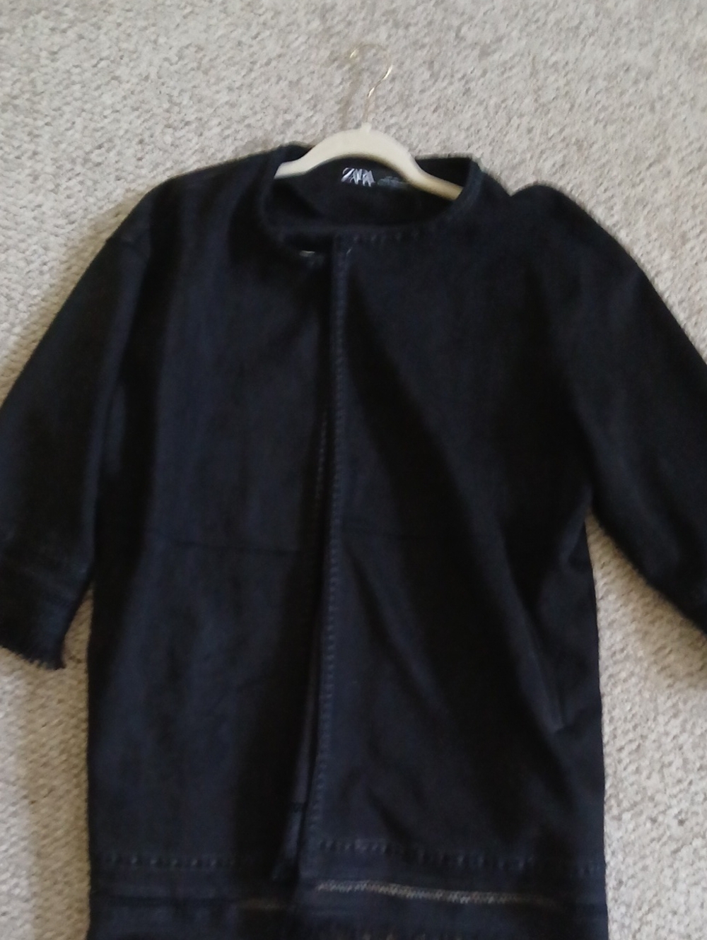 Zara Women Faux Suede Coat, Black Open-Front Coat with Stitch Detail